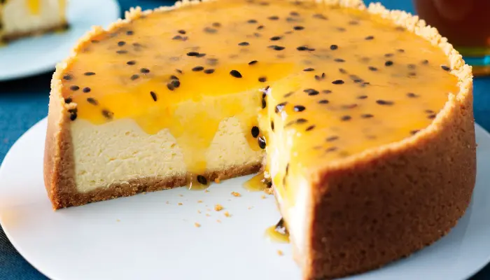 Baked cheesecake with passionfruit topping