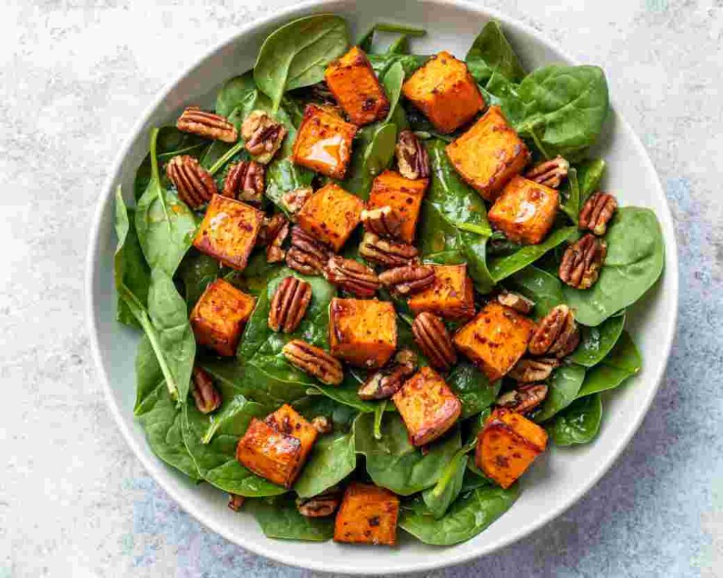 Spinach Salad with Roasted Sweet Potatoes and Pecans