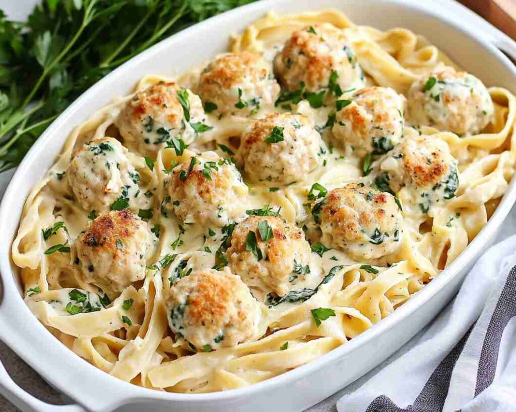 Baked Chicken Ricotta Meatballs with Spinach Alfredo Sauce